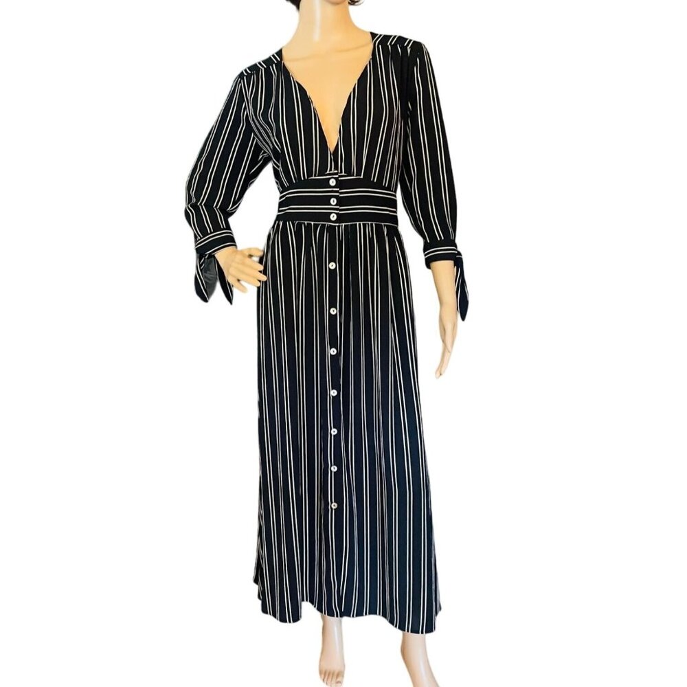 Paolino Womens Sz L Striped Button Down Dress Fit N Flare Plunging V Neck